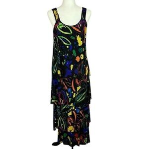 Elena Wang Retro Boho Artsy Sleeveless Tiered Maxi Dress Medium Black Multicolor